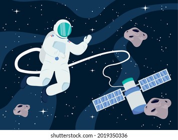 Astronaut and satellite at universe space