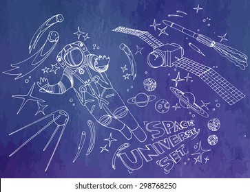Astronaut and satellites. Outer space vector design elements on autotraced watercolor background. Each element individually grouped