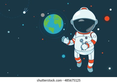 Astronaut say hello in zero gravity. Cartoon space illustration.