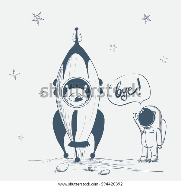 astronaut says bye to alien.Cute humanoid\
sits in rocket.Hand drawn vector\
illustration