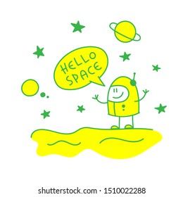 astronaut says hello space, cartoon illustration