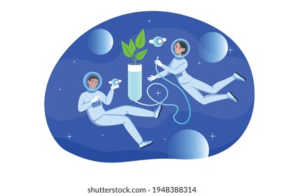 Astronaut scientists are researching plant growing technology in free space. Space and mars colonization. Flat abstract metaphor cartoon vector illustration concept design isolated on white background