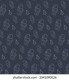 Astronaut seamless hand drawn pattern for textile, linens, wallpapers, backgrounds or graphic design. Vector cosmic line art.