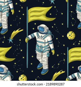 Astronaut seamless space vector pattern. Kids doodle print moon texture platet design