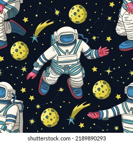 Astronaut seamless space vector pattern. Kids doodle print moon texture platet design