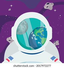 Astronaut seeing moon and earth at universe space