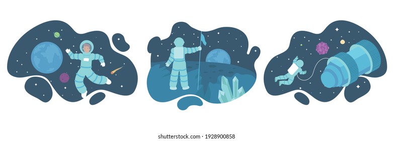 Astronaut set of flat compositions with views of outer space with human characters stars and planets vector illustration
