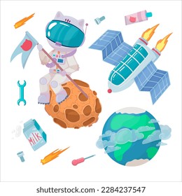 Astronaut. A set of objects: UFOs, spaceships, rockets. Solar system, Galaxies, planets, asteroids, comets, shooting stars. Vector illustration in cartoon style on a white background.
