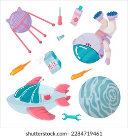 Astronaut. A set of objects: UFOs, spaceships, rockets. Solar system, Galaxies, planets, asteroids, comets, shooting stars. Vector illustration in cartoon style on a white background.