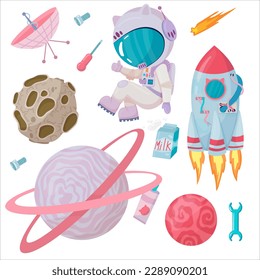 Astronaut. A set of objects: UFOs, spaceships, rockets. Solar system, Galaxies, planets, asteroids, comets, shooting stars. Vector illustration in cartoon style on a white background.