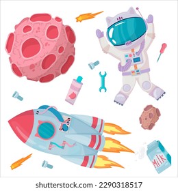 Astronaut. A set of objects: UFOs, spaceships, rockets. Solar system, Galaxies, planets, asteroids, comets, shooting stars. Vector illustration in cartoon style on a white background.