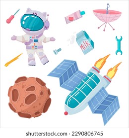 Astronaut. A set of objects: UFOs, spaceships, rockets. Solar system, Galaxies, planets, asteroids, comets, shooting stars. Vector illustration in cartoon style on a white background.