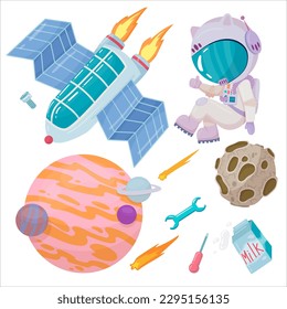 Astronaut. A set of objects: UFOs, spaceships, rockets. Solar system, Galaxies, planets, asteroids, comets, shooting stars. Vector illustration in cartoon style on a white background.