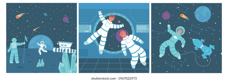 Astronaut set of three square compositions with flat characters of cosmonauts in outer space and spacecraft vector illustration