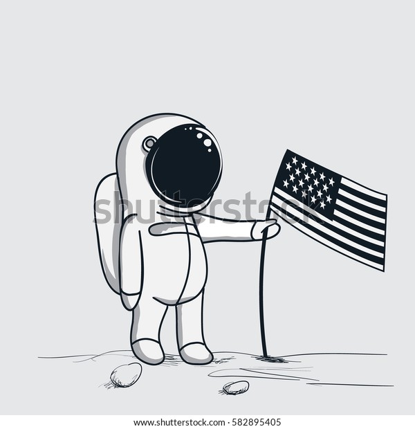 astronaut sets american flag on the\
moon.Hand drawn vector\
illustration