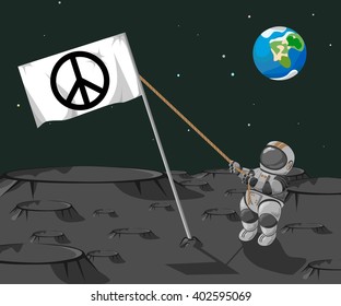 Astronaut sets a flag "Pacific " on the moon on a background of the planet Earth.
