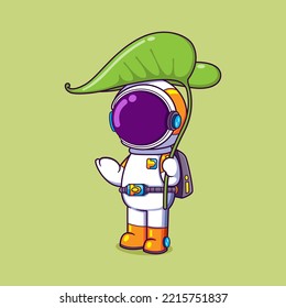 The astronaut is shading on a big leaf while raining outside and waiting of illustration
