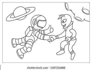 Astronaut Shaking Hand With Alien In Space Coloring Book - Eps10 Vector Illustration