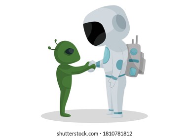 Astronaut is shaking hands with an alien. Vector graphic illustration. Individually on white background.