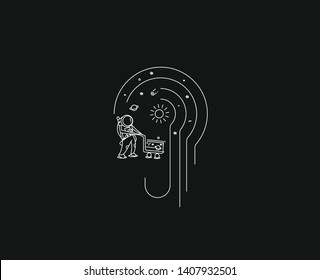 Astronaut with shopping trolley, Flat Line Art Vector Design illustration.
