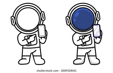 astronaut showing smartphone and pointing towards that coloring page for kids