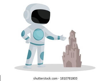 Astronaut is showing soil pile in space. Vector graphic illustration. Individually on white background.