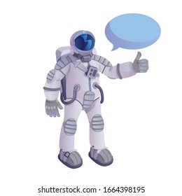 Astronaut showing thumb up flat cartoon vector illustration. Spaceman. Ready to use 2d character template for commercial, animation, printing design. Isolated comic hero with empty speech bubble