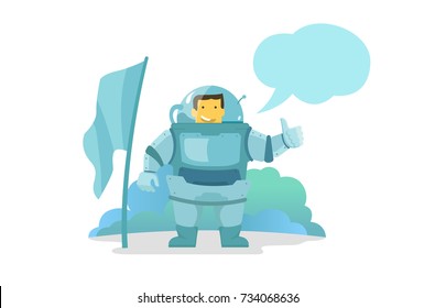 The astronaut shows the finger up. Place for text babl. The man in the spacesuit. Happy and smiling. Installed a flag on a new planet. Feels great and recommends you. Thumbs up.