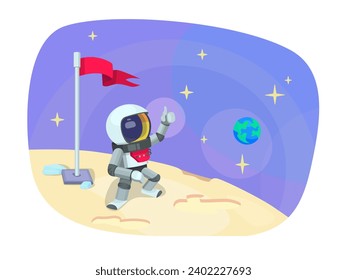 Astronaut shows "like" sign with hand, stands on the moon with the flag. Earth in the background.The concept of success and achieving goals. Nice vector UI illustration for your business.