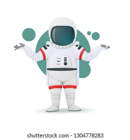Astronaut shrugs showing doubt, confusion or lack of knowledge. Puzzled expression. Isolated on a white background. Cartoon character. Vector illustration.