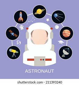 Astronaut silhouette avatar in helmet and space travel icons set vector illustration
