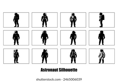 Astronaut Silhouette Black Vector Collection, Astronaut Silhouette in spacesuits, Spaceman Silhouette.