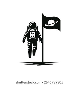 Astronaut Silhouette Floating in Outer Space next to a Waving Flag with a Ringed Planet Design Vector Illustration for Exploration Themes