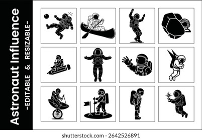 Astronaut Silhouette Set Featuring Space Exploration Activities And Adventures In Monochromatic Vector Illustrations