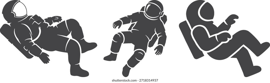 Astronaut Silhouette Vektorsymbol Set Raumfahrer schwebend in der Schwerelosigkeit