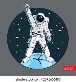 Astronauta cantando con micrófono, estrella de rock en el espacio exterior. Hombre espacial parado en la tierra. Afiche de rock o pop, concepto de karaoke. Ilustración vectorial de estilo cómic.