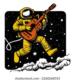 Astronaut singing on the Moon. Astronaut with guitar in the style of hand drawn linocut.