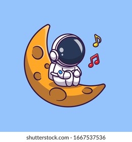 Astronaut Singing On Moon Vector Icon Illustration. Spaceman Mascot Cartoon Character. Science Icon Concept Isolated. Flat Cartoon Style Suitable for Web Landing Page, Banner, Flyer, Sticker, Card