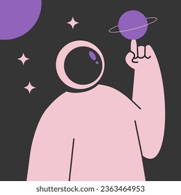 An astronaut sits against a background of stars and spins a planet on his finger against a background of stars. Flat vector illustration.