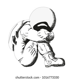 The astronaut sits and cries. Isolated vector illustration.