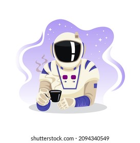 The astronaut sits and drinks coffee in a spacesuit. Vector cartoon flat illustration isolated on white background