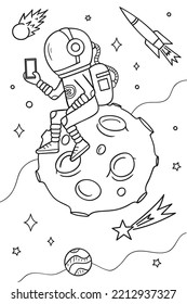 An astronaut sits on an asteroid and uses a mobile phone. A comet and a rocket are flying. Black and white vector illustration for coloring book.