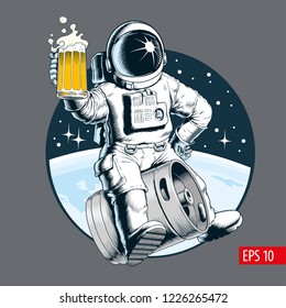 Astronaut sits on a beer keg and holds a beer mug. Vector illustration.