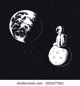 Astronaut sits on Moon and watches to Earth.Spaceman explore universe.Vector illustration