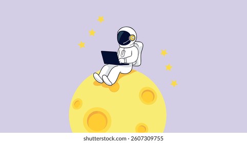 astronaut sits on a moon working on a laptop