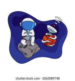 Astronaut sits on planet and see to mobile phone with satellite dish on background. Vector illustration