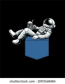 Astronaut sits on pocket and holds a beer mug.
Vector illustration.