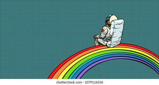 astronaut sits on a rainbow. Pop art retro vector illustration comic cartoon vintage kitsch drawing