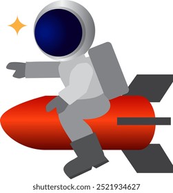 Astronaut sits on a rocket in a pointing pose.