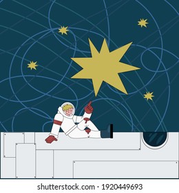 an astronaut sits on a rocket and points his finger at a star. Vector illustration.